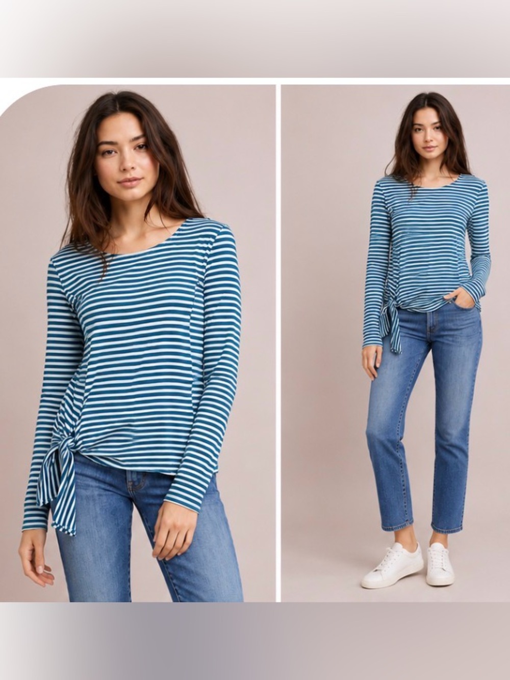 Anthropologie T.la Teal Striped Tie Front Long Sleeve Knit Top